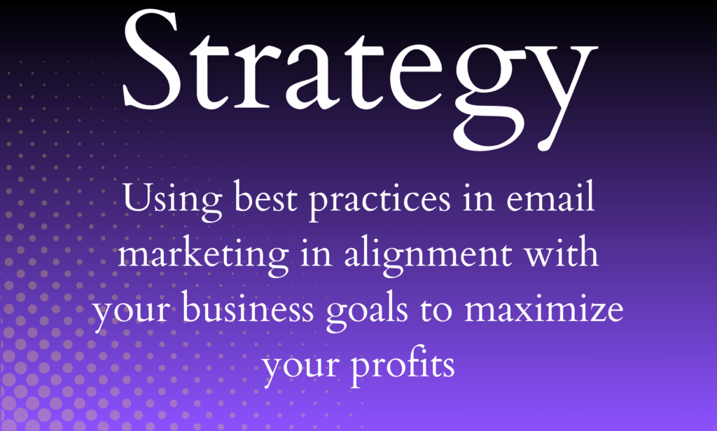 Graphic displaying text "Strategy: Using best practices in email marketing in alignment with your business goals to maximize your profits" on a purple gradient background with dots.