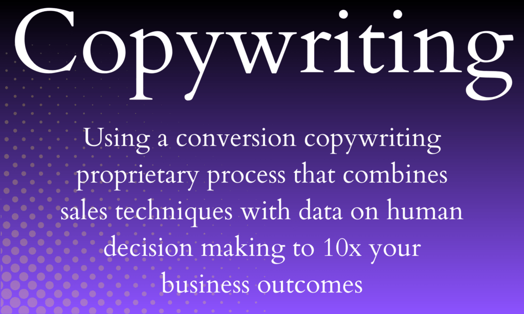 Text graphic with the word "Copywriting" in large font, background of dark purple with dots, and a description of a proprietary sales technique.